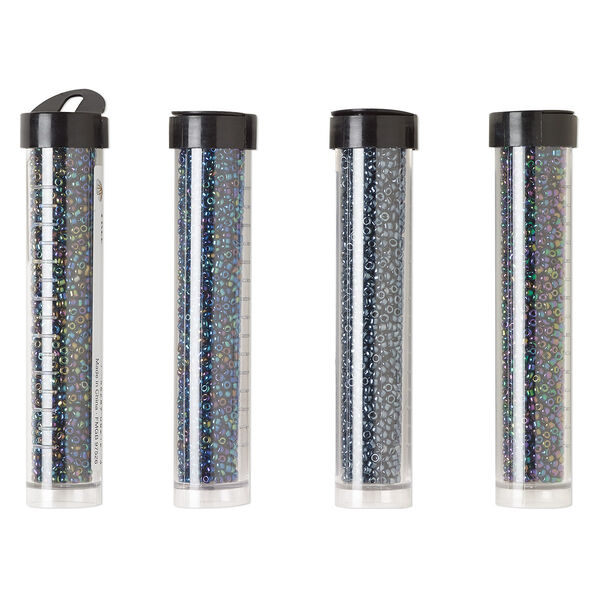 Seed bead assortment, Ming Tree™, glass, pkg/(4) 4 x 3/4 inch vials, #11 round, opaque iris, rainbow and luster purple, peacock, black and blue. image number 0