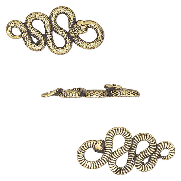 Link, TierraCast®, antique gold-plated pewter (tin-based alloy), 24x11.5mm 2-sided textured rattlesnake. Sold per pkg of 2. image number 0