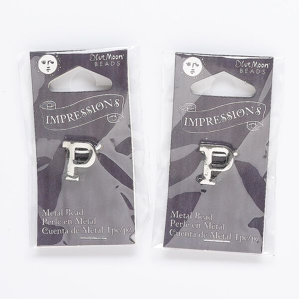 Bead, silver-finished "pewter" (zinc-based alloy), 13x12mm top-drilled alphabet letter "P" with 2mm hole. Sold per pkg of 2. image number 0