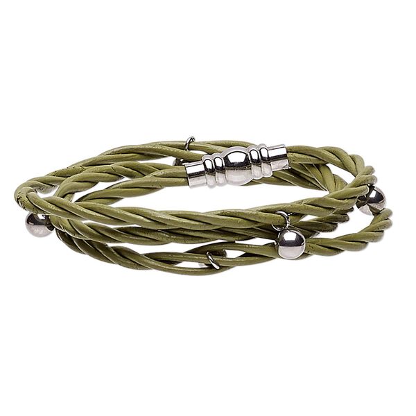 Bracelet, 3-strand wrap, leather (dyed) and stainless steel, green, 10mm wide twisted with 6mm round, 6 inches with magnetic clasp. Sold individually. image number 0