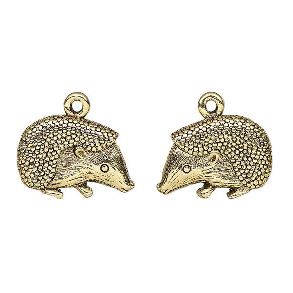 Charm, antique gold-plated pewter (tin-based alloy), 18.5x12.5mm double-sided hedgehog. Sold per pkg of 2. image number 0