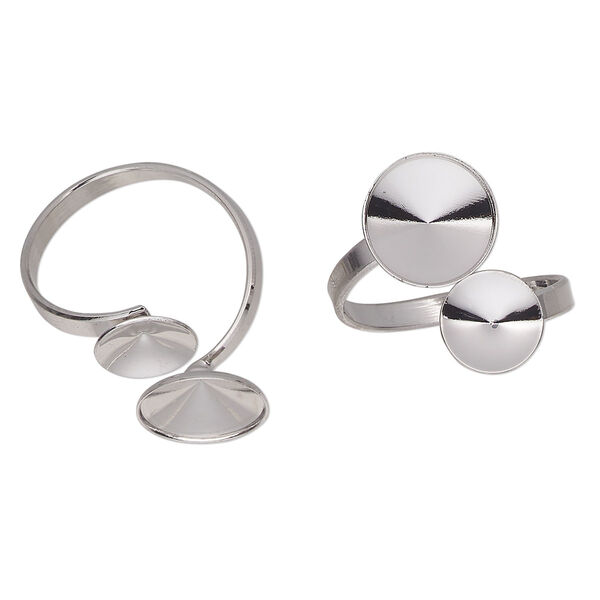 Ring, antique silver-finished brass, 24.5mm bypass spiral with (1) 8mm and (1) 12mm SS39 round rivoli or chaton mountings, size 9.5. Sold per pkg of 2. image number 0