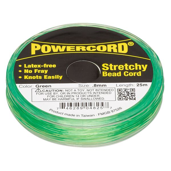 Cord, Powercord®, elastic, green, 0.8mm, 8.5-pound test. Sold per 25-meter spool. image number 0