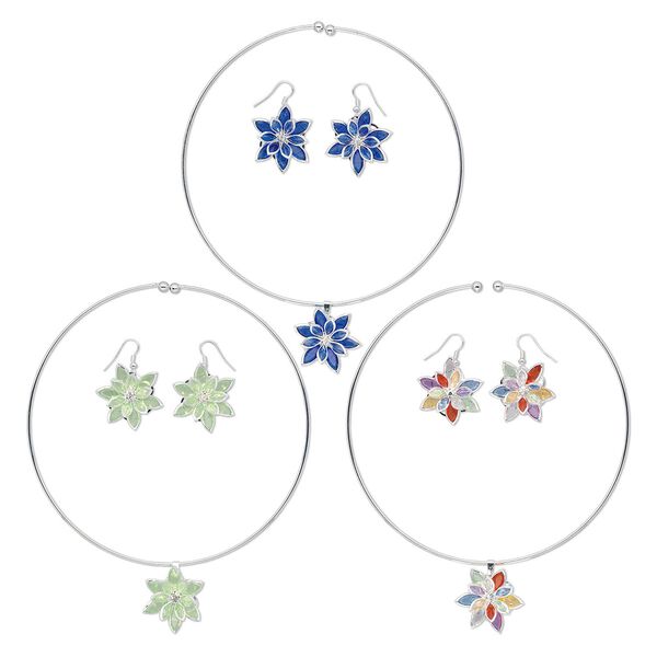 Neckwire and earring set, steel and acrylic, assorted color, flower design, 15-1/2 to 16 inch neckwire, earrings with fishhook wire. Sold per pkg of 3 sets. image number 0