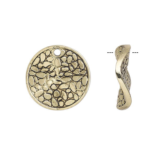 Drop, antique gold-finished "pewter" (zinc-based alloy), 18mm double-sided wavy flat round with cobblestone design. Sold per pkg of 6. image number 0