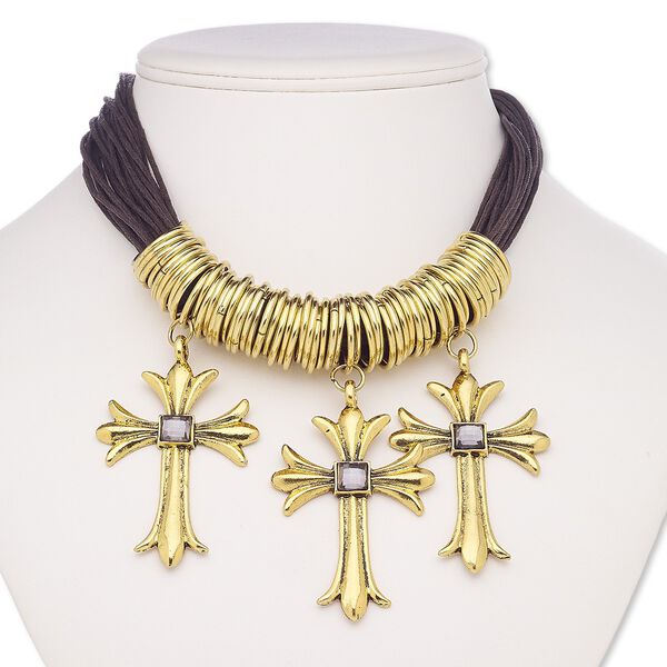 Necklace, multi-strand, waxed cotton cord / acrylic / antique gold-coated plastic / gold- / antique gold-finished steel / brass / "pewter" (zinc-based alloy), brown and grey, 2-3/4 x 1-3/4 inch three cross, 16 inches with 2-inch extender chain and lobster claw clasp. Sold individually. image number 0
