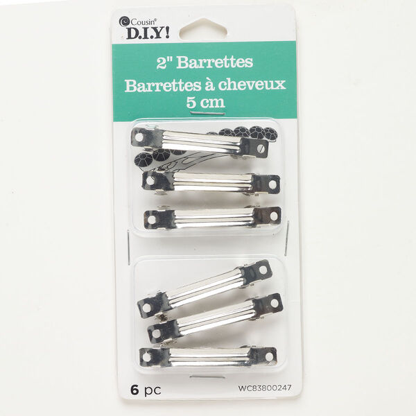 Barrette, silver-finished steel, 2 inches with 2 holes. Sold per pkg of 6. image number 0