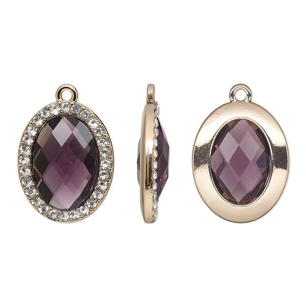 Drop, glass / glass rhinestone / gold-finished "pewter" (zinc-based alloy), clear and transparent amethyst purple, 23.5x19mm single-sided oval. Sold per pkg of 2. image number 0