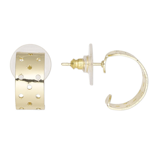 Earstud, acrylic and gold-finished brass, clear, 16x8mm perforated hoop. Sold per pkg of 5 pairs. image number 0