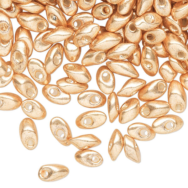 Seed bead, Miyuki, glass, pkg/50g, 7x4mm long magatama, opaque metallic shiny gold (LMA-1052). image number 0