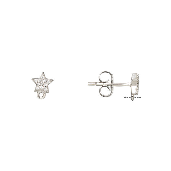Earstud, cubic zirconia and rhodium-plated sterling silver, clear, 6x5.5mm star with closed loop. Sold per pair. image number 0