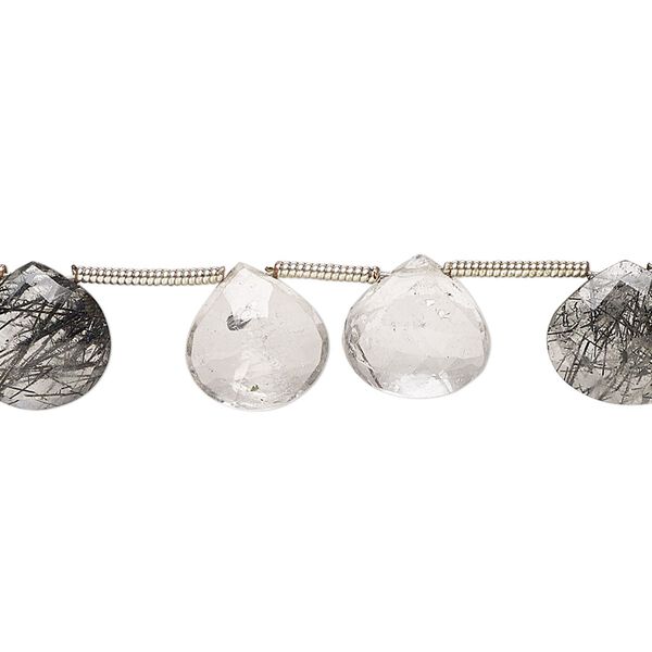 Tourmalinated quartz 1pkg17, hand-cut top-drilled faceted puffed teardrop bead natural 10x8mm-11x10mm image number 0