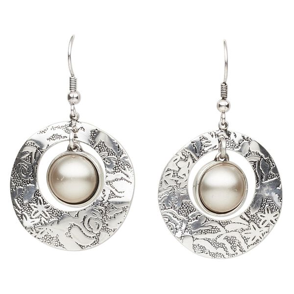 Earring, resin with antique silver-plated brass and "pewter" (zinc-based alloy), silver, 2 inches with round go-go and fishhook ear wire. Sold per pair. image number 0
