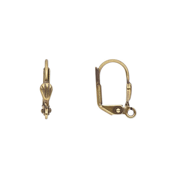 Ear wire, antique gold-plated brass, 15mm leverback with 6x3mm shell and open loop. Sold per pkg of 50 pairs. image number 0