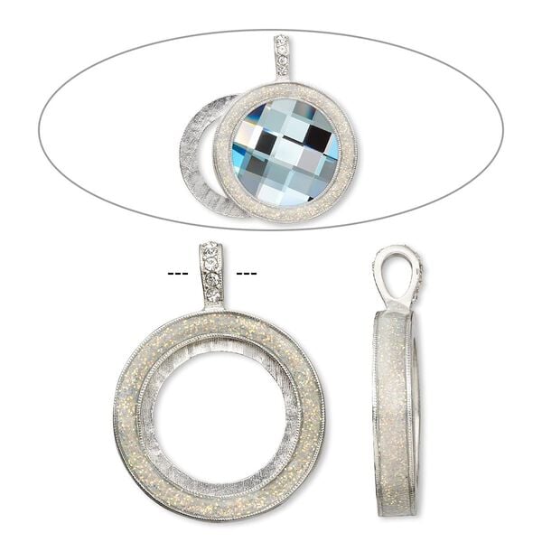 Pendant, Almost Instant Jewelry®, epoxy / crystal / imitation rhodium-plated "pewter" (zinc-based alloy), crystal clear with glitter, 45x35mm single-sided with 30mm round setting. Sold individually. image number 0