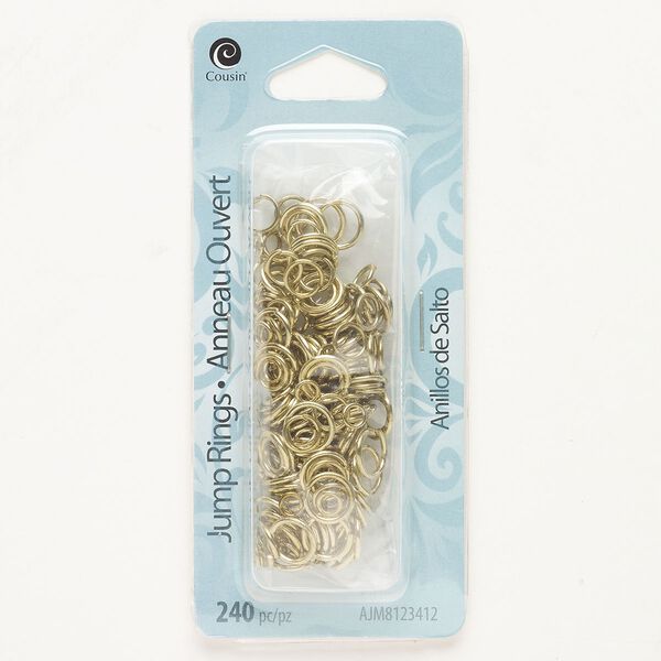 Jump ring mix, steel, pkg/240, gold finish, 4mm/6mm/8mm open round, 2.8-6.3mm inside diameter, 18-21 gauge. image number 0