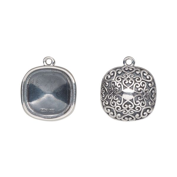 Drop, Almost Instant Jewelry®, antiqued sterling silver, 14mm rounded square with 12mm cushion setting and filigree back design. Sold individually. image number 0