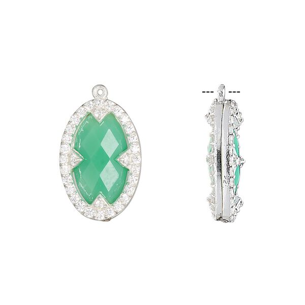 Drop, chalcedony (dyed) / cubic zirconia / sterling silver, clear and sea green, 18x12mm double-sided faceted oval. Sold individually. image number 0