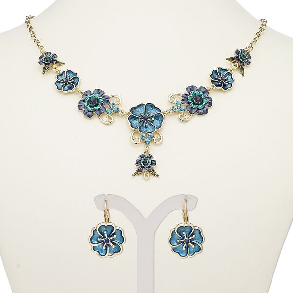 Necklace and earring set, enamel / glass rhinestone / gold-finished steel / "pewter" (zinc-based alloy), teal / blue / teal green, flowers, 18-inch necklace with 2-inch extender chain and lobster claw clasp, 27mm earrings with leverback ear wire. Sold per set. image number 0