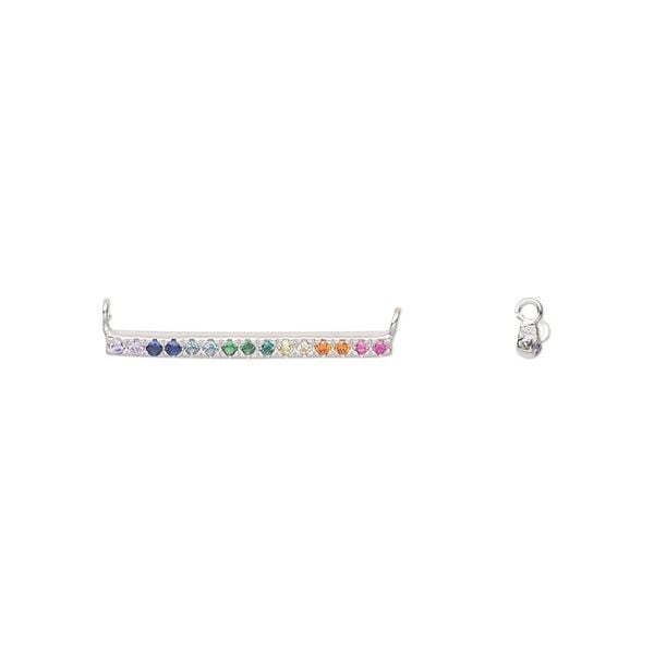 Connector, rhodium-plated sterling silver and cubic zirconia, multicolored, 19.5x1.5mm bar with 2 loops. Sold individually. image number 0