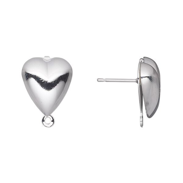Earstud, silver-plated brass and stainless steel, 15x12mm hollow fancy heart with closed loop. Sold per pkg of 50 pairs. image number 0