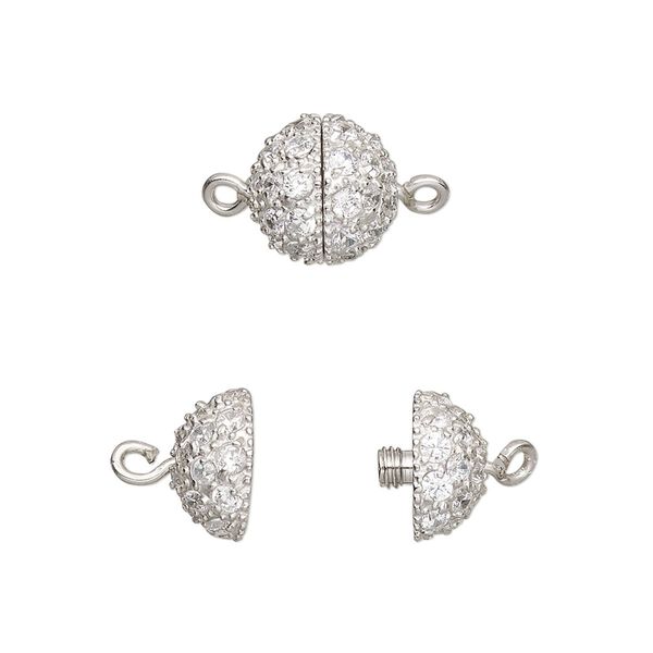 Clasp, twist-in, cubic zirconia and rhodium-plated sterling silver, clear, 10mm textured round. Sold individually. image number 0