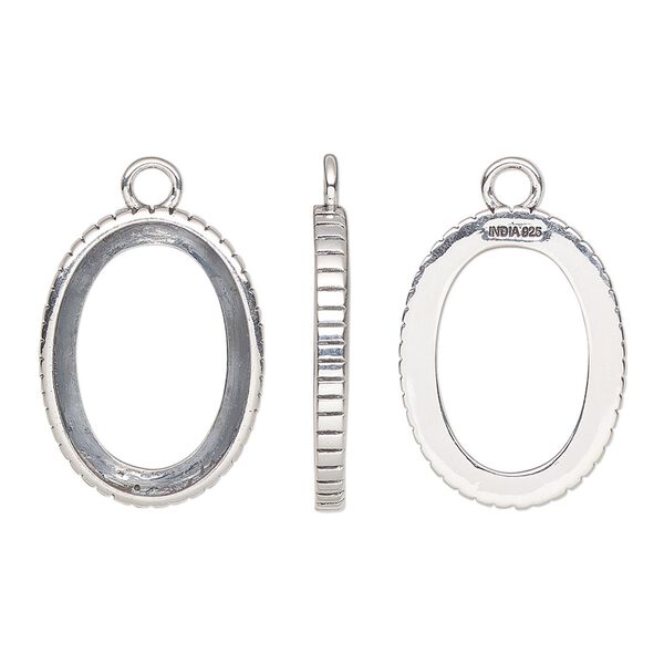 Drop, antiqued sterling silver, 20x15mm oval with 18x13mm oval setting and textured design with open back. Sold individually. image number 0