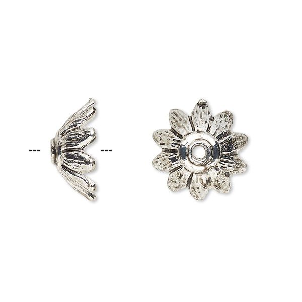Bead cap, antique silver-finished "pewter" (zinc-based alloy), 14x7mm flower petal, fits 12-16mm bead. Sold per pkg of 20. image number 0
