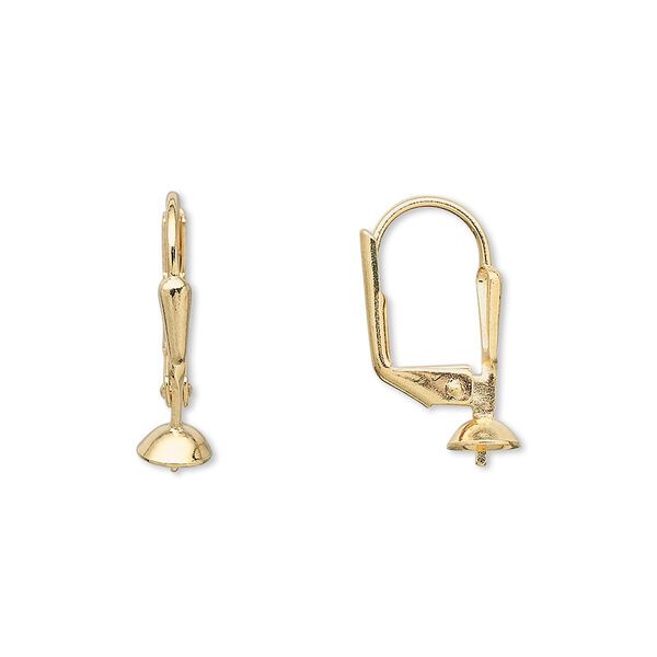 Ear wire, gold-plated brass, 19mm leverback with 5mm cup and peg, fits 4-6mm bead. Sold per pkg of 50 pairs. image number 0
