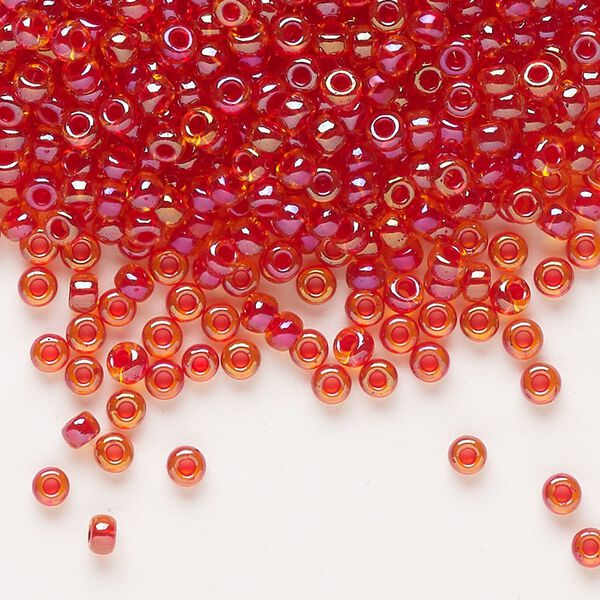 Seed bead, Miyuki, glass, pkg/50g, #8 rocaille, translucent scarlet-lined luster crystal clear (RR-3528). image number 0