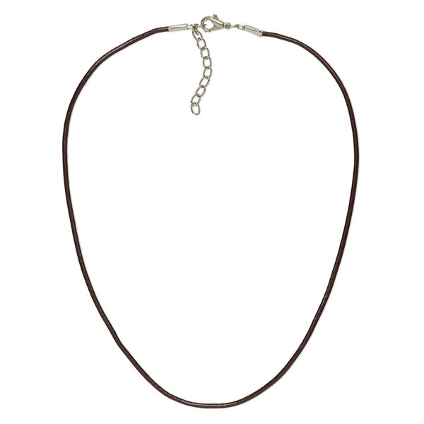 Necklace cord, leather and imitation rhodium-plated brass and steel, brown, 2mm round, 16 inches with 2-inch extender chain and lobster claw clasp. Sold per pkg of 6. image number 0