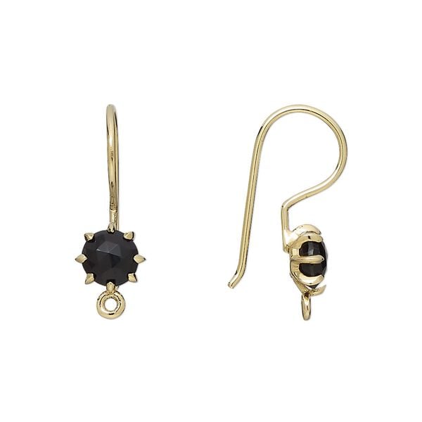 Ear wire fishhook 1pkg2 sterling silver / black onyx, 22mm / 7.5mm hand-cut faceted round / closed loop, 19 gauge gold-finished 1 pair image number 0