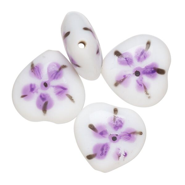 Bead, lampworked glass, opaque white / black / purple, 17-16mm puffed heart with double-sided painted flower design. Sold per pkg of 4. image number 0