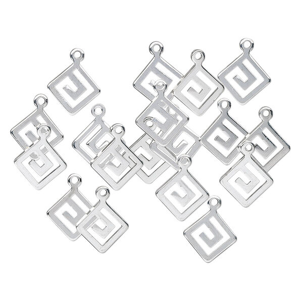 Drop, silver-plated brass, 12x12mm diamond with Greek key design. Sold per pkg of 100. image number 0