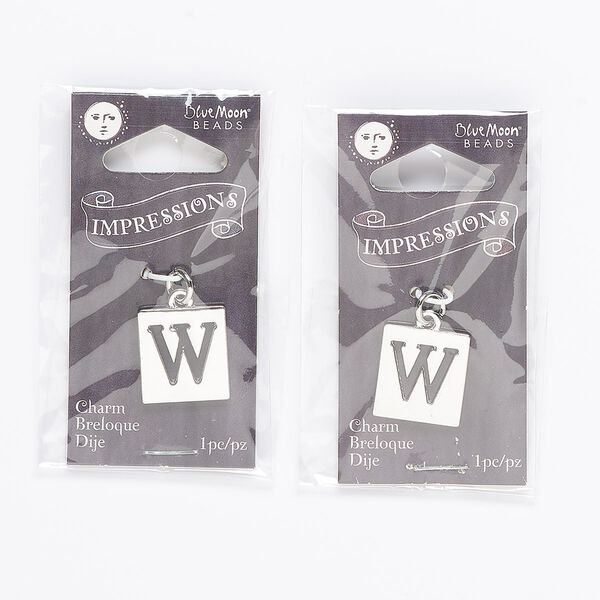 Drop, silver-finished "pewter" (zinc-based alloy) and steel, 16x15mm square with cutout alphabet letter "W." Sold per pkg of 2. image number 0