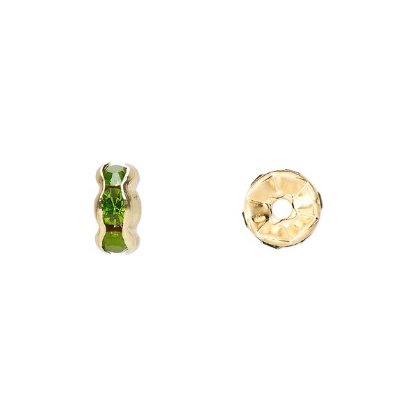 Bead, glass rhinestone and gold-finished brass, peridot green, 8x4mm rondelle. Sold per pkg of 10. image number 0