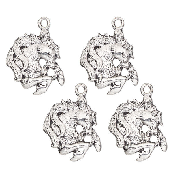 Charm, antique silver-finished "pewter" (zinc-based alloy) , 21x20mm single-sided stallion head. Sold per pkg of 4. image number 0