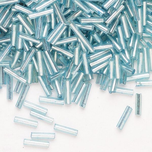 Bead, Ming Tree™, bugle bead, glass, pkg/1/4 pound, 1/4 inch, silver-lined translucent turquoise blue. image number 0