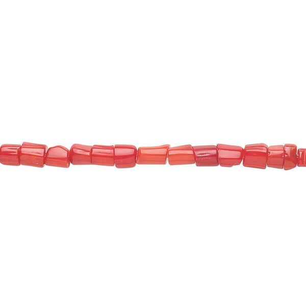 Bead, coral (dyed), red, 2x1mm-5x4mm hand-cut freeform tube, Mohs hardness 3-1/2 to 4. Sold per 16-inch strand. image number 0