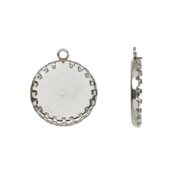Drop, stainless steel, 17mm single-sided round with 14mm round cabochon pressure set setting. Sold per pkg of 10. image number 0