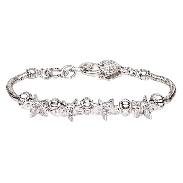 Bracelet, antique silver-plated brass and steel, 14mm wide with starfish, 7-1/2 inches with lobster claw clasp. Sold individually. image number 0
