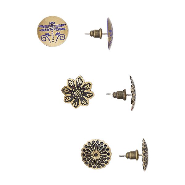Earring mix, enamel with antique brass-plated brass and steel, mixed colors, 15mm round and flower with dragonfly and flower design with post. Sold per pkg of 3 pairs. image number 0