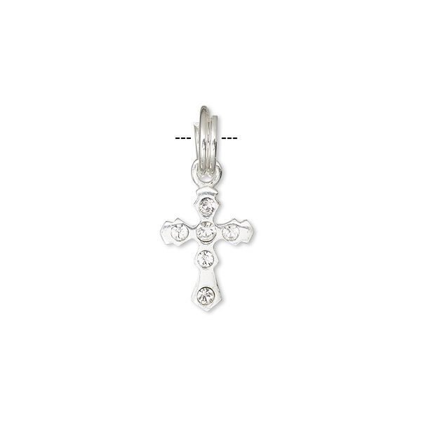 Drop, sterling silver and crystal, clear, 15x9mm cross. Sold individually. image number 0