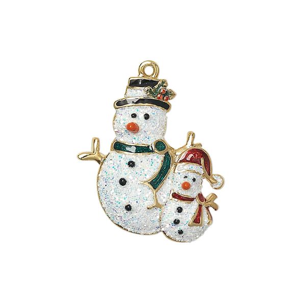 Charm, enamel and gold-finished "pewter" (zinc-based alloy), multicolored with glitter, 23x21.5mm single-sided two snowmen. Sold individually. image number 0