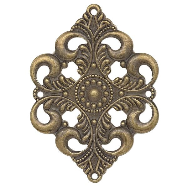Focal, antique gold-plated steel, 42x30mm single-sided filigree diamond with 4 loops. Sold per pkg of 10. image number 0