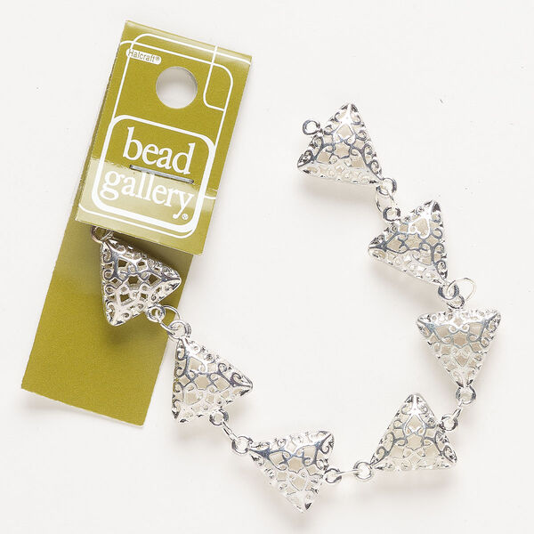 Link, silver-finished "pewter" (zinc-based alloy), 17mm puffed triangle with filigree cutout. Sold per pkg of 7. image number 0