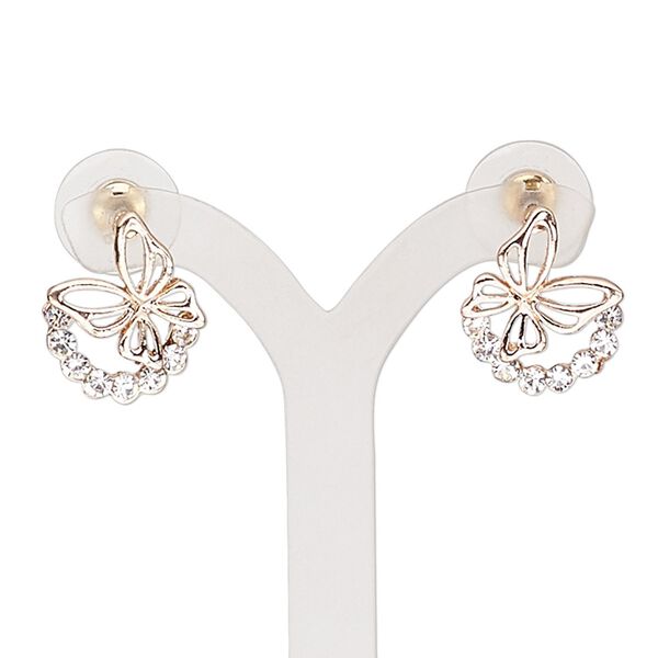 Earring, glass rhinestone / stainless steel / rose gold-finished "pewter" (zinc-based alloy), clear, 17mm with butterfly and post. Sold per pair. image number 0
