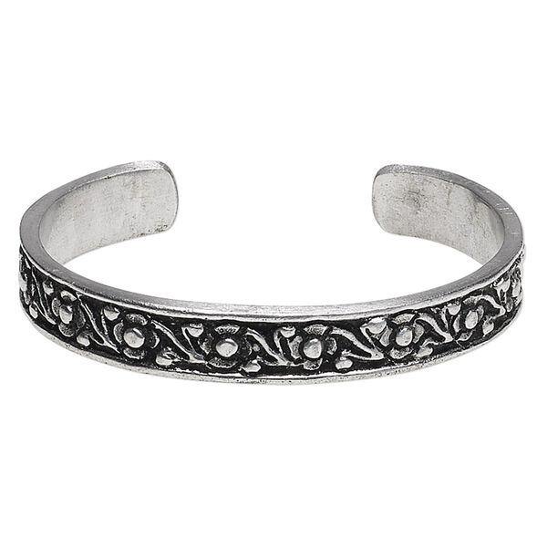 Bracelet, cuff, antiqued aluminum, 11mm wide with flower design, 7-8 inches. Sold individually. image number 0
