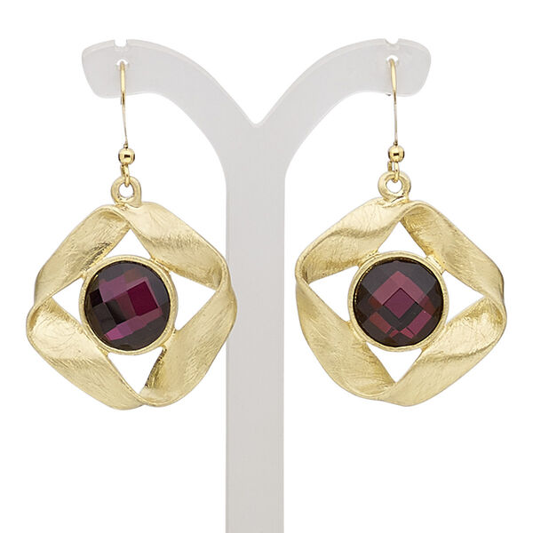 Earring, glass with gold-finished brass and "pewter" (zinc-based alloy), purple, 45mm with scratched diamond and fishhook ear wire. Sold per pair. image number 0