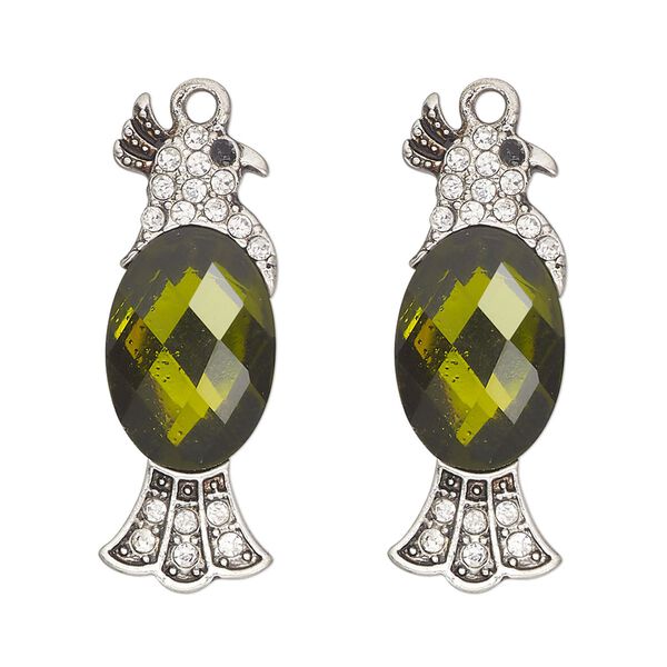 Focal, antique silver-finished "pewter" (zinc-based alloy) and glass, olive green / black / clear, 31x12mm single-sided parrot. Sold per pkg of 2. image number 0